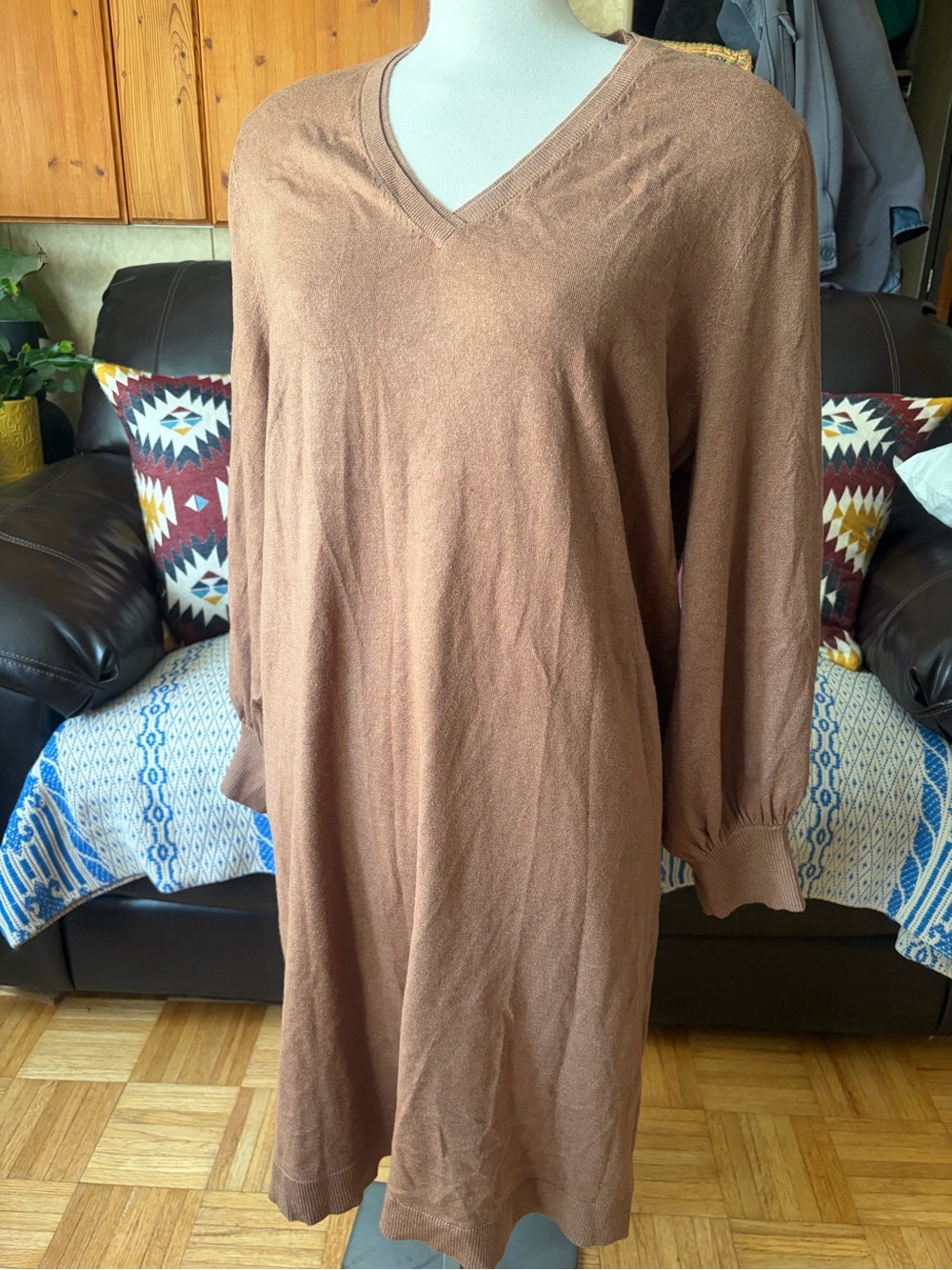Isaac Mizrahi Brown V-neck Sweater Dress with Balloon Sleeves Size XL